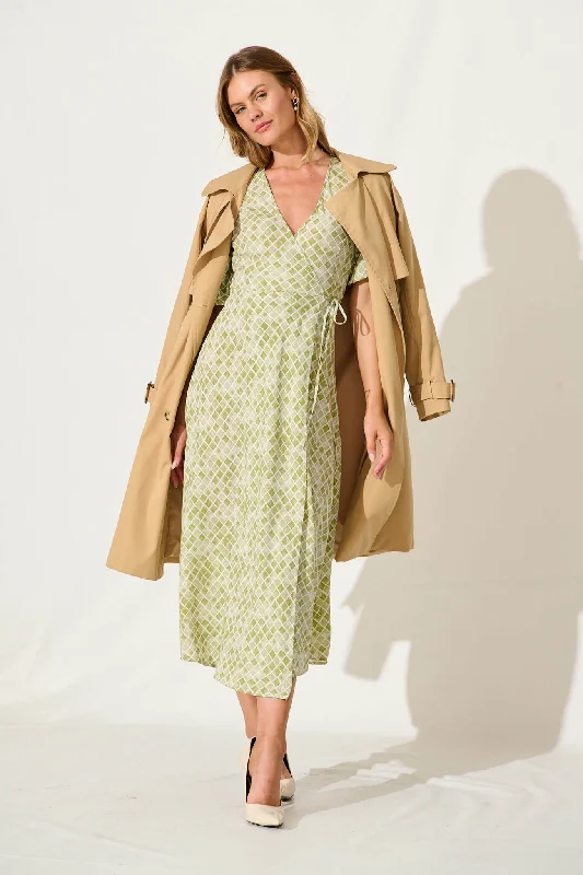 Paula Midi Wrap Dress In Green Print