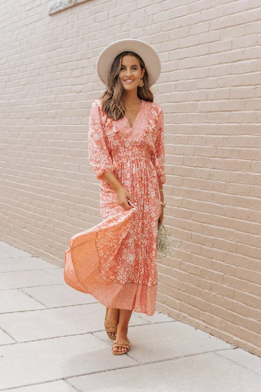 Peach A-Line Print Maxi Dress