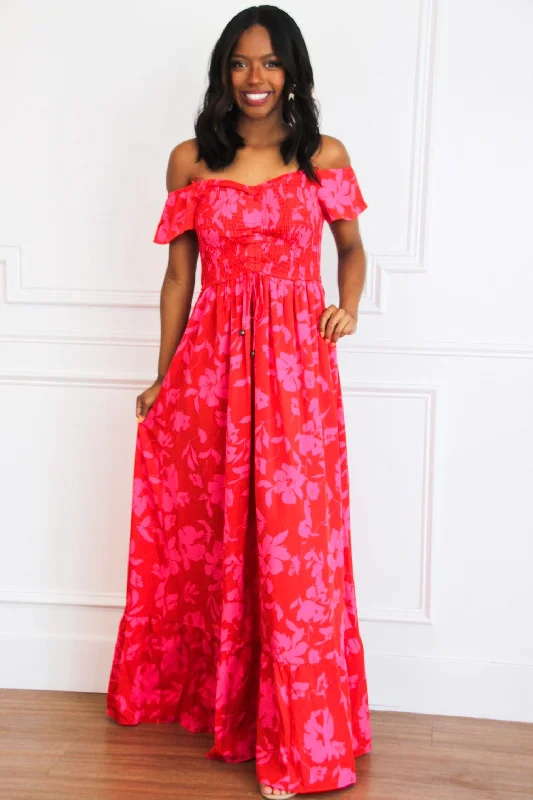 Penelope Smocked Floral Maxi Dress: Red/Fuchsia