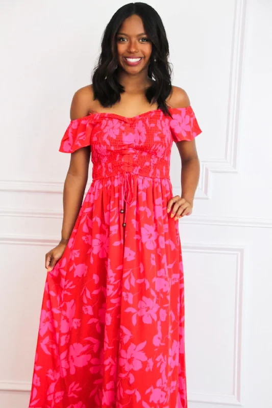 Penelope Smocked Floral Maxi Dress: Red/Fuchsia