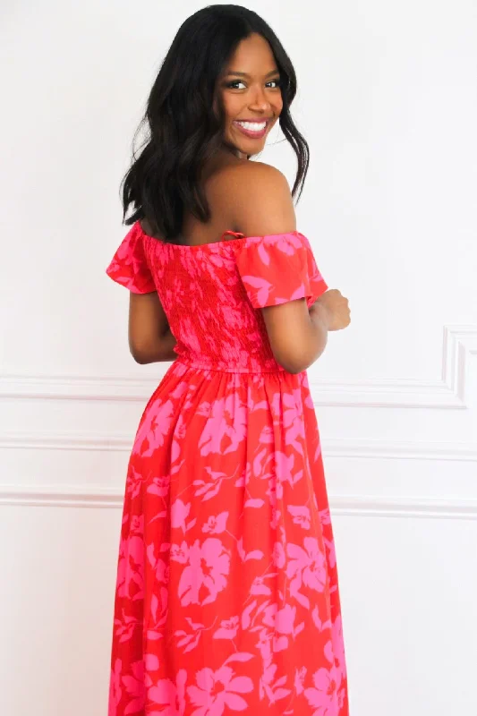 Penelope Smocked Floral Maxi Dress: Red/Fuchsia