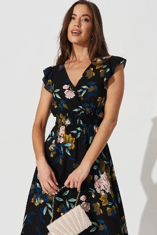 Pescara Midi Dress In Black With Green Leaf