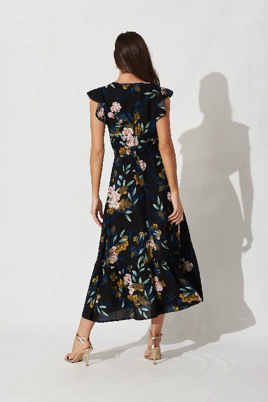 Pescara Midi Dress In Black With Green Leaf