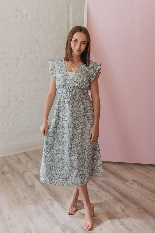 Petal Breeze Dusty Blue Flutter Sleeve Midi Dress