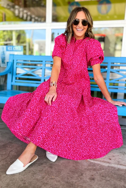 Karlie Pink Red Floral Poplin Puff Sleeve Tiered Maxi Dress