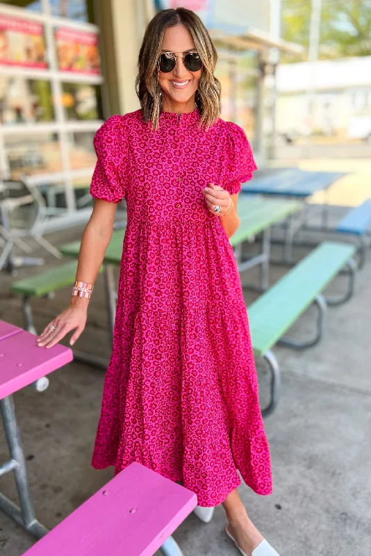 Karlie Pink Red Floral Poplin Puff Sleeve Tiered Maxi Dress