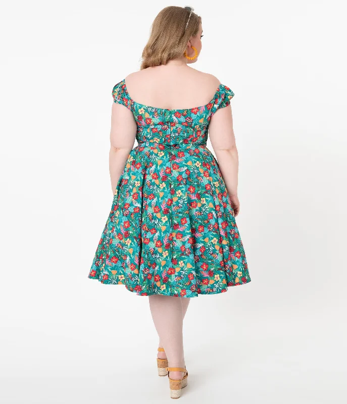 Plus Size Teal & Multicolor Tropical Floral Print Preston Swing Dress