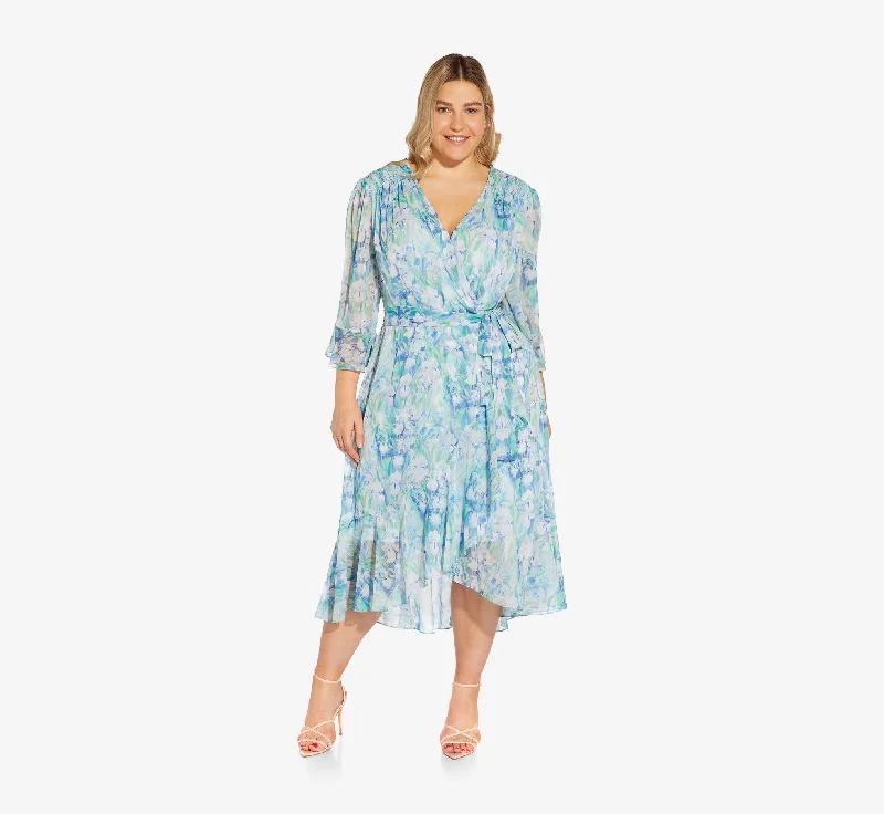 Plus Size Floral-Printed Chiffon Short Dress In Blue Multi