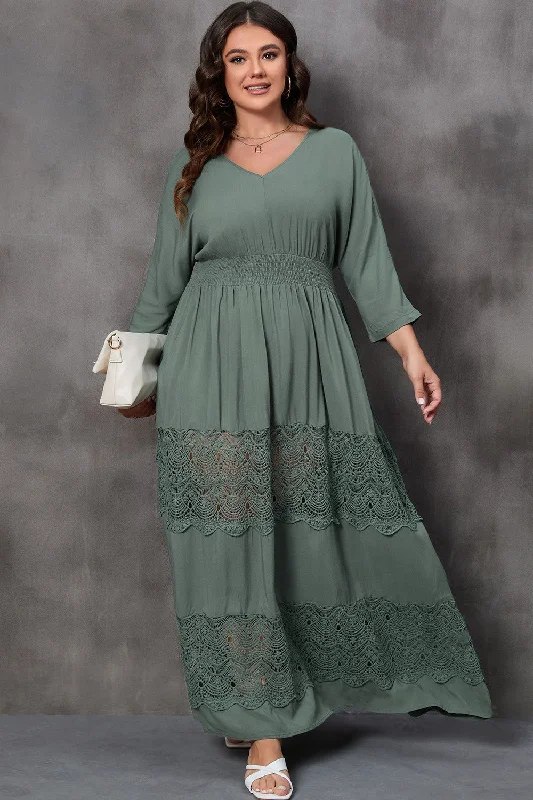 Plus Size Tied V-Neck Smocked Crochet Maxi Dress