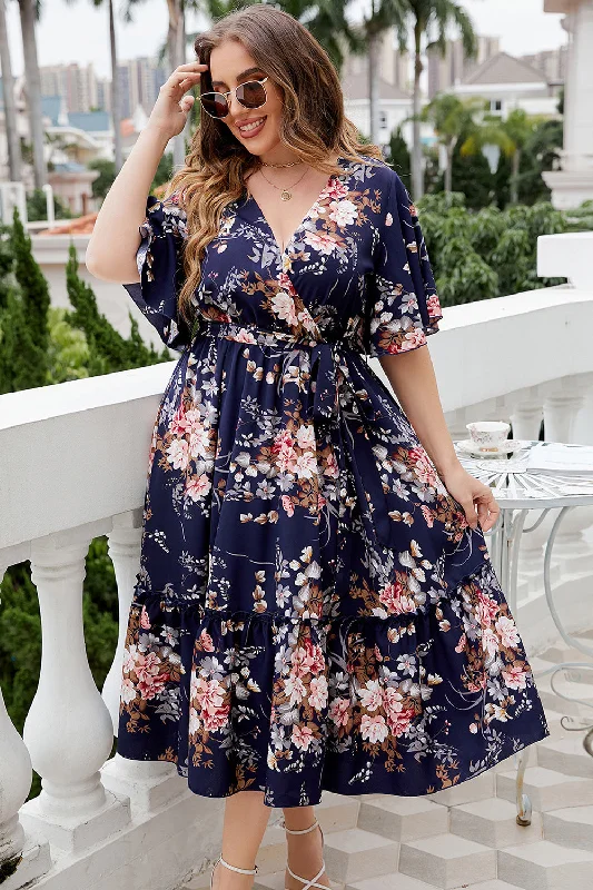 Plus Size V Neck Navy Summer Dress With Short Sleeves