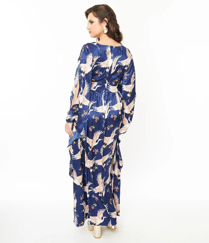 Unique Vintage 1960s Navy Crane Flutter Sleeve Caftan