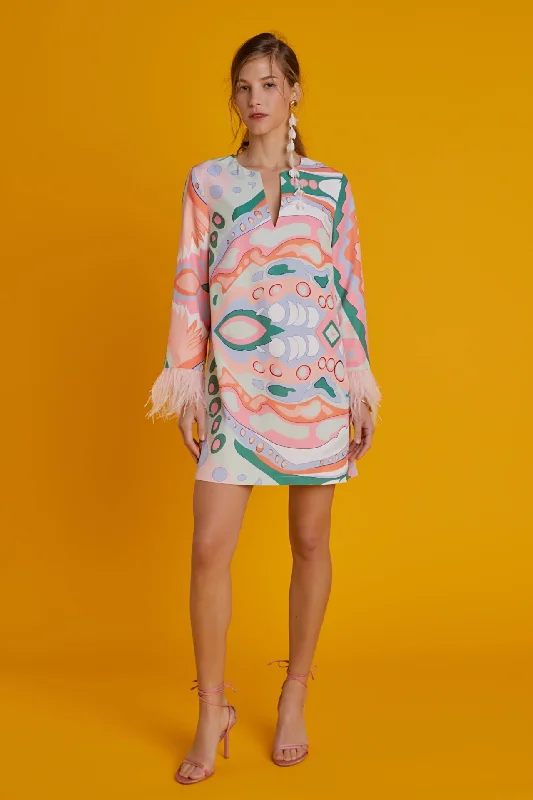 Print Mini Tunic Dress With Feather