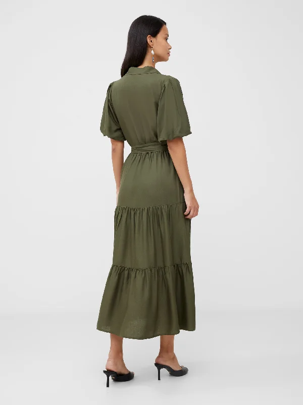 Puff Sleeve Tiered Midi Shirt Dress