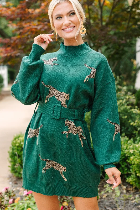 Quick Decisions Hunter Green Cheetah Sweater Dress