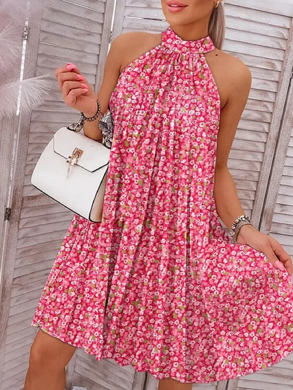 Red Rose Floral Printed Mock Neck Sleeveless Dress