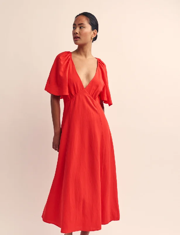 Red Linen-blend Acti Midi Dress