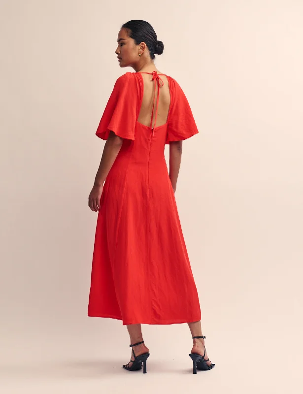 Red Linen-blend Acti Midi Dress