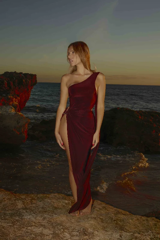 Red Cut Out Metal Detail High Neck Thigh Split  Maxi Dress - Ariana