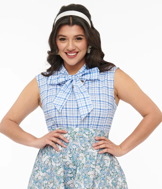 Retrolicious 1950s Blue Plaid Cotton Bow Top