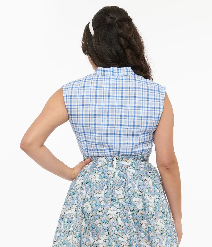 Retrolicious 1950s Blue Plaid Cotton Bow Top