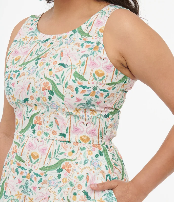 Retrolicious 1950s White & Tropical Print Cotton Skater Dress