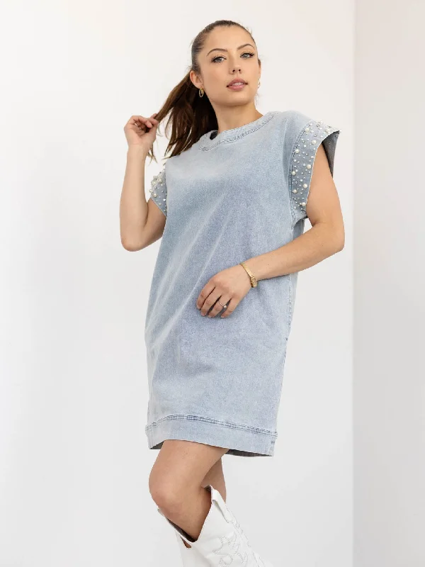 Rhinestone Pearl Sleeve T-Shirt Dress