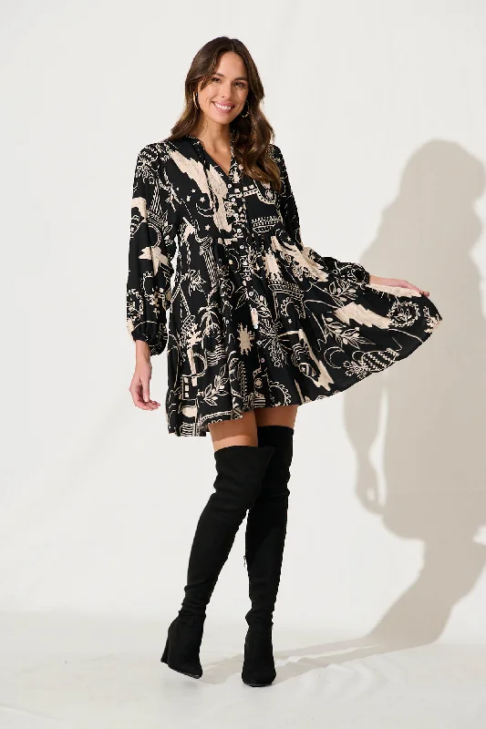 Rosalind Dress In Black With Cream Print