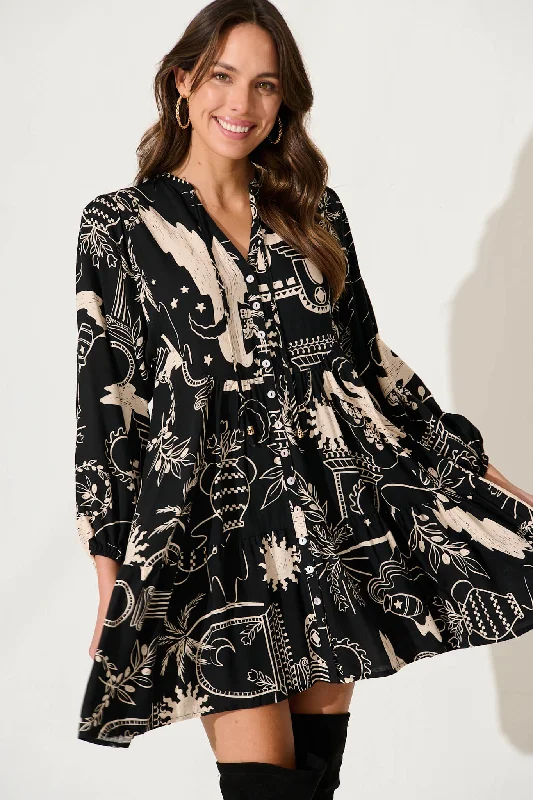 Rosalind Dress In Black With Cream Print