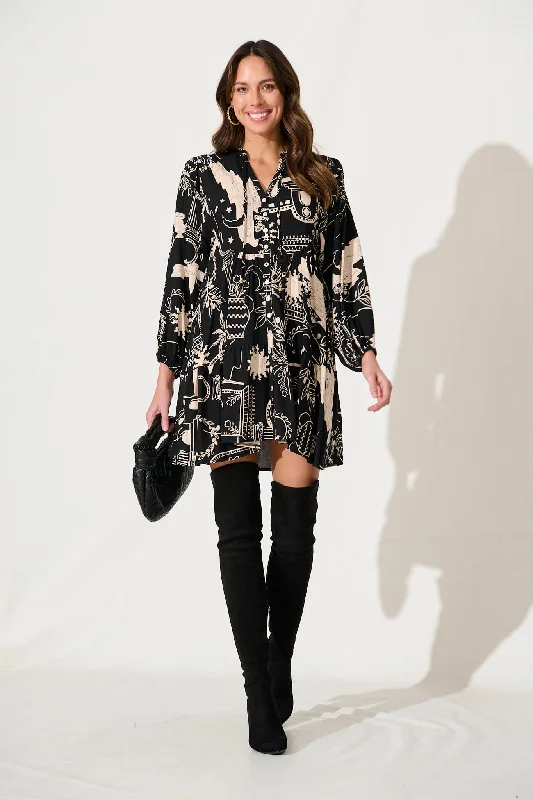 Rosalind Dress In Black With Cream Print