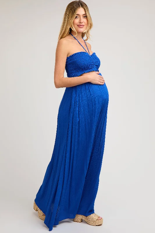 Royal Blue Smocked Drawstring Halter Side Cutout Maternity Jumpsuit