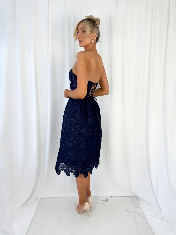 Salma Embroidered Off The Shoulder Midi Dress - Navy