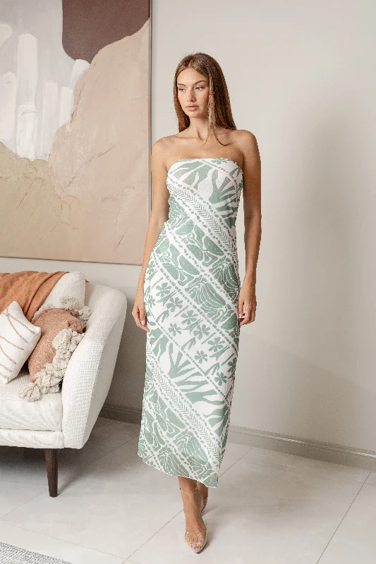 SENZA STRAPLESS MAXI DRESS - White Green Floral Print