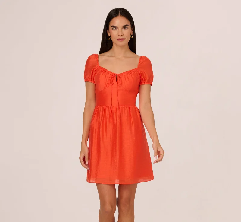 Shirred Fit And Flare Dress With Puff Short Sleeves In Orange Spice