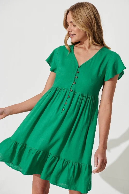 Similan Smock Dress In Jade Linen Blend