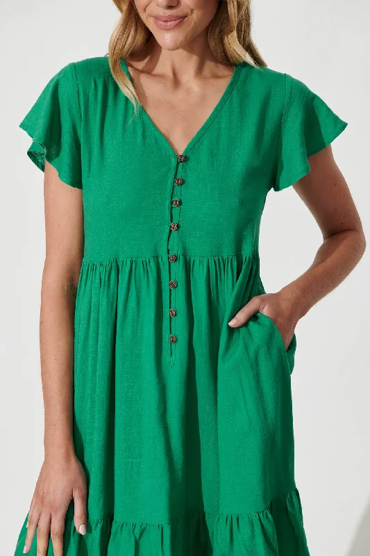 Similan Smock Dress In Jade Linen Blend