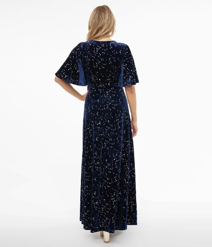 Smak Parlour 1970s Blue Velvet Silver Stars Cutout Maxi Dress