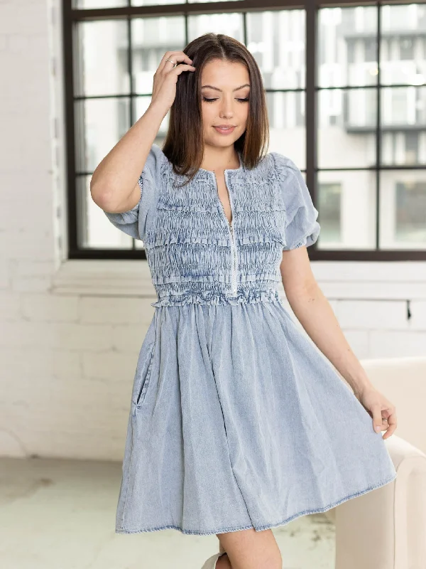 Smock Front Quarter Zip Denim Dress