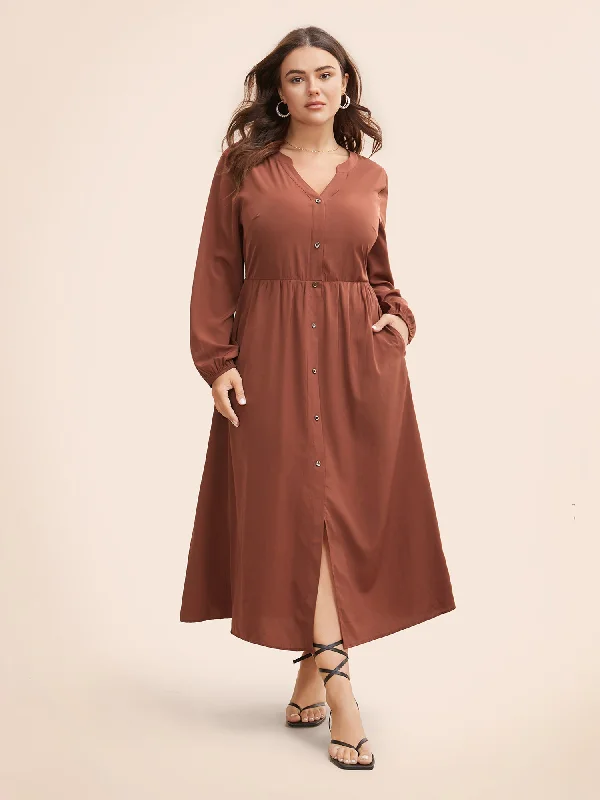 Solid Notched Collar Lantern Sleeve Dress