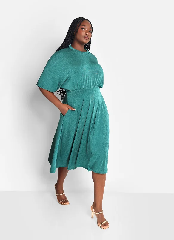 Star Slinky Dolman Midi Skater Dress W. Pockets - Teal