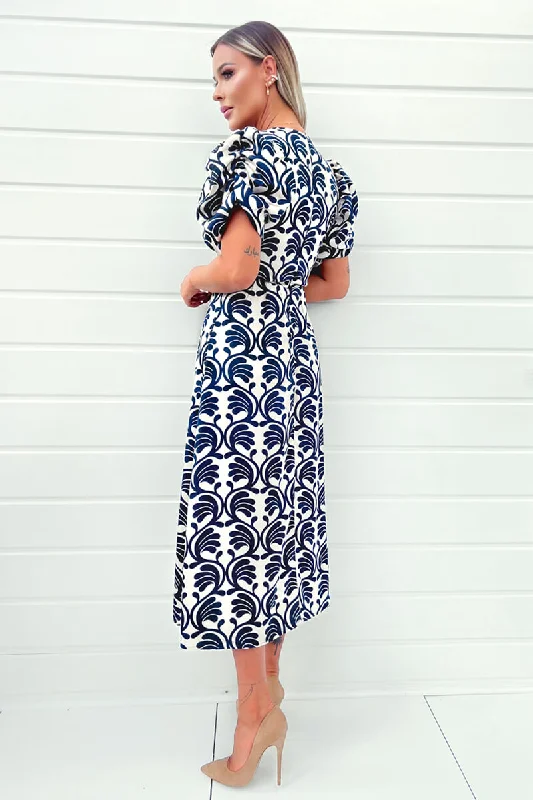 Stone And Navy Printed Short Puff Sleeve V Neck Midi Dress