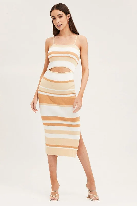 Stripe Midi Dress Sleeveless Cut Out Square Neck