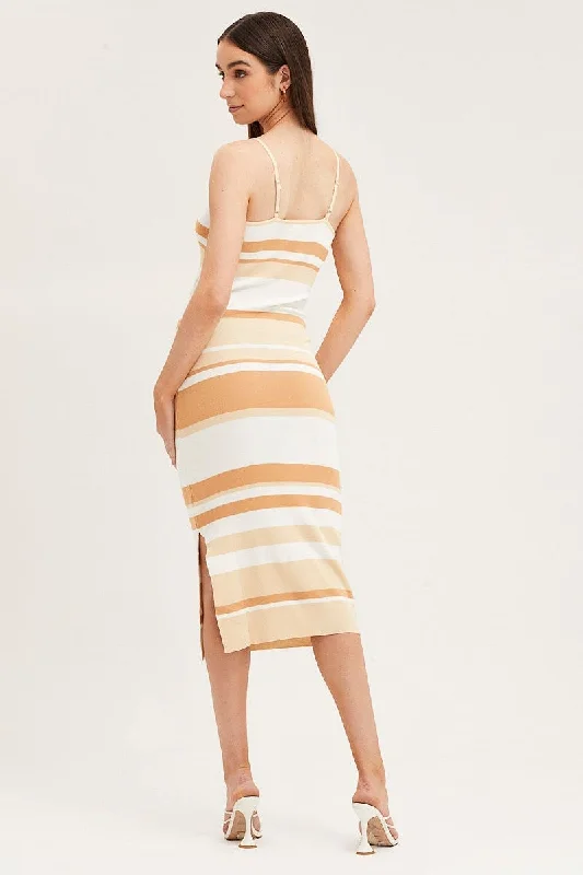 Stripe Midi Dress Sleeveless Cut Out Square Neck