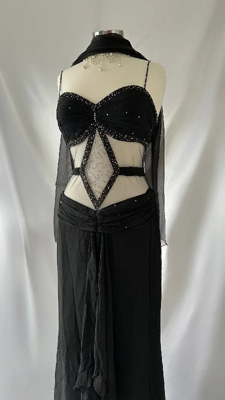 Sultry Vintage Black Silk Embellished Mesh Cut-Out Gown