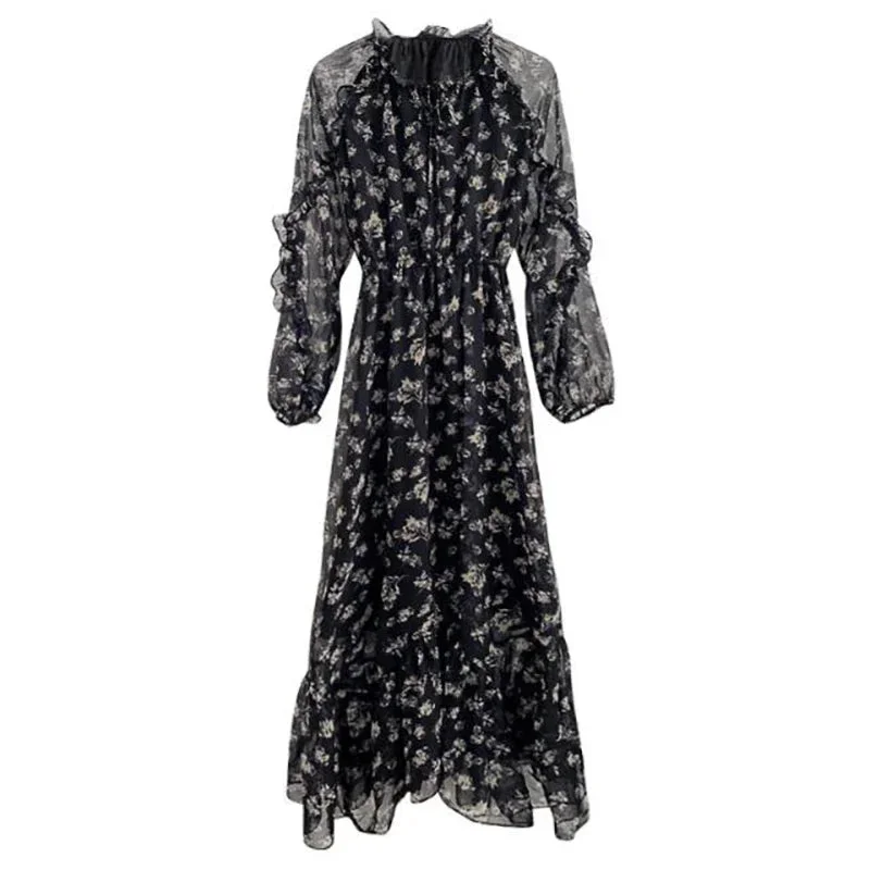 Amy Fashion - Summer Thin Floral Chiffon Lace Vintage Black Boho Dress