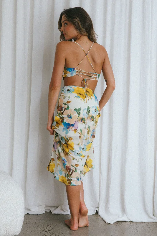 Sunday Bliss Tie-Up Back Cowl Neck Midi Dress Floral Yellow