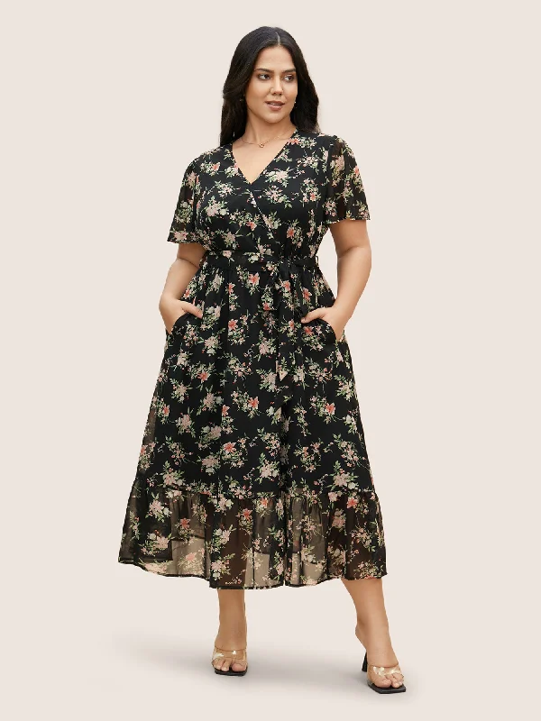 Surplice Neck Chiffon Floral Belted Dress