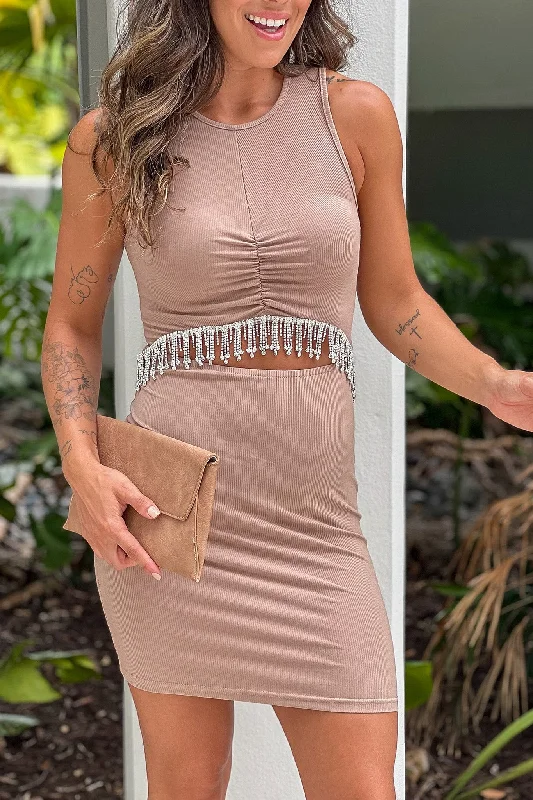 Taupe Sleeveless Embellished Cut Out Short Dress