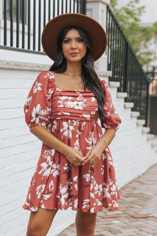 Terracotta Floral Print Pleated Mini Dress