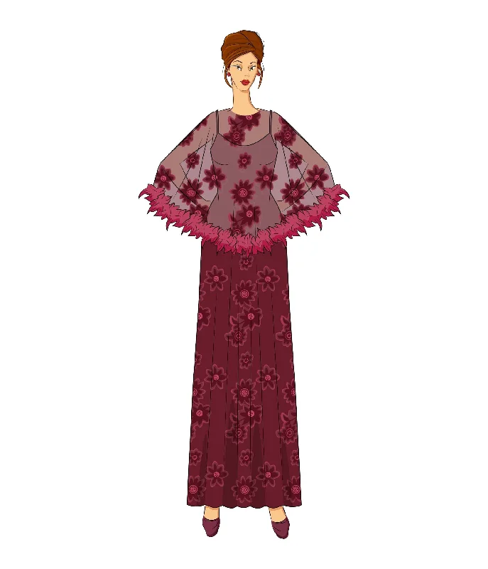 The Vault - 1970s Burgundy Feathered Cape Maxi Dress