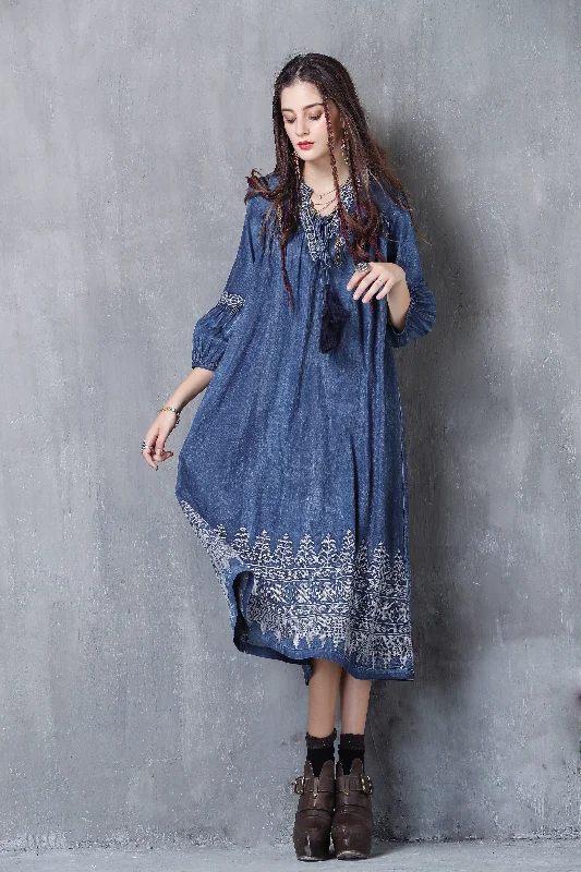 3/4 PUFF SLEEVE V-NECK EMBROIDERY DENIM LOOSE DRESS